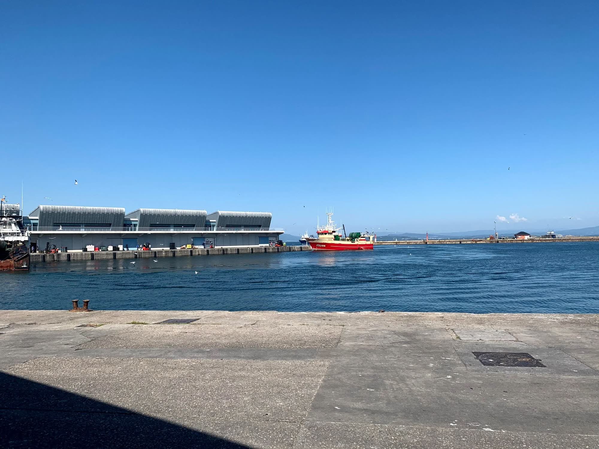 Barco de arrastre vermello entrando no porto fronte á lonxa de Ribeira