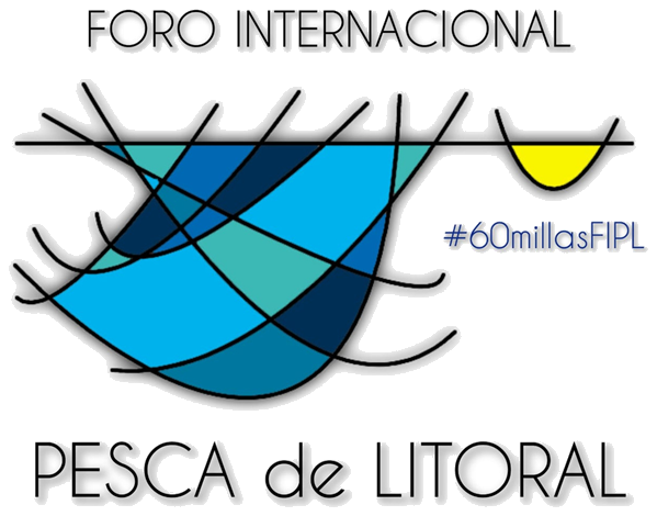 Logotipo oficial do Foro Internacional Pesca de Litoral: redes azuis e turquesa baixo a liña do horizonte e medio sol amarelo, co hashtag #60millasFIPL