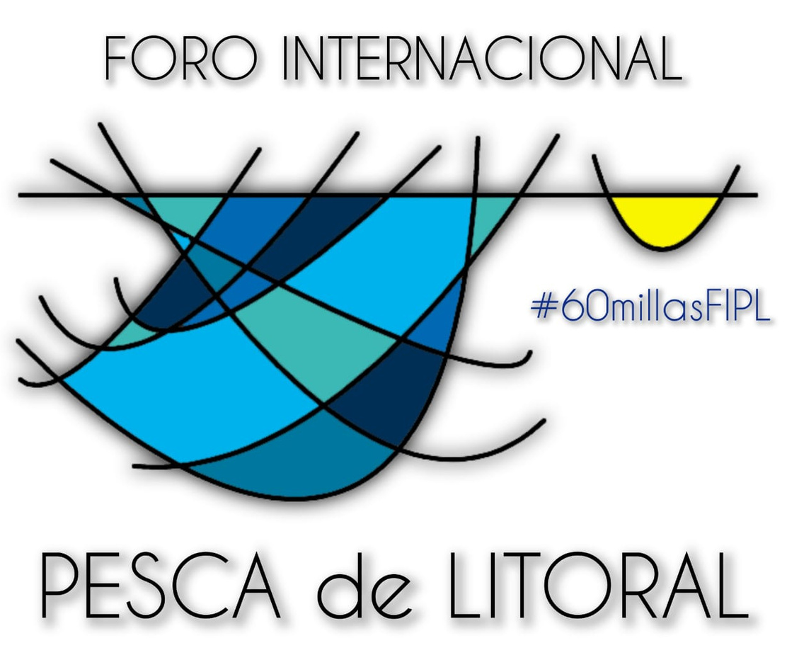 Logotipo oficial do Foro Internacional Pesca de Litoral: redes azuis e turquesa baixo a liña do horizonte e medio sol amarelo, co hashtag #60millasFIPL